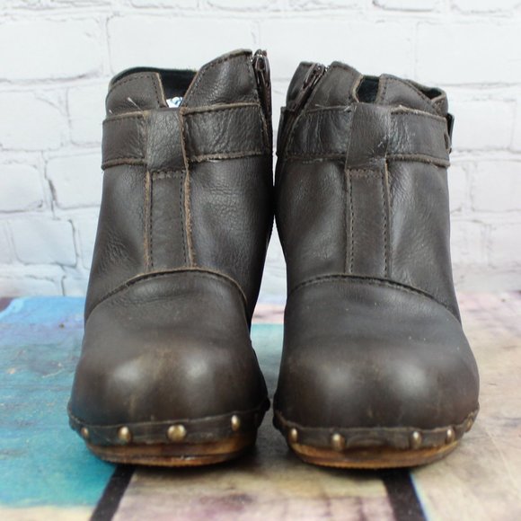 Sanita Brown Leather Buckle Accent Wooden Studded Cone Heeled Booties Size US 8 - Picture 4 of 9